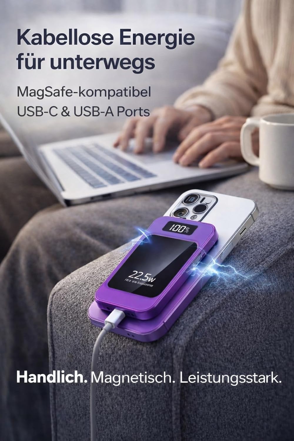 Magnetische Powerbank 10000mAh Mini 22.5W PD Schnellladen mit LED Display – kompatibel mit Samsung,