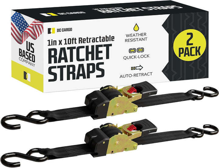 DC Cargo – Einziehbare Ratschengurte, 2 Stück (2,5 cm x 3 m) – robuste Spanngurte, automatisch einzi