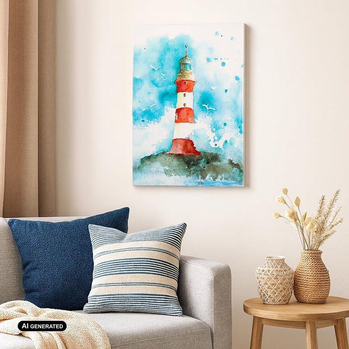 Bilder auf Leinwand 55x100cm Leinwandbild mit Rahmen Leuchtturm Wasser Illustration Welle Gross Wand