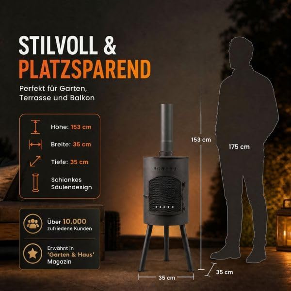 BonFeu Bongiano SP Schwarz - Terrassenofen - Feuerstelle mit Funkenschutz für entspannte Abende - Fe