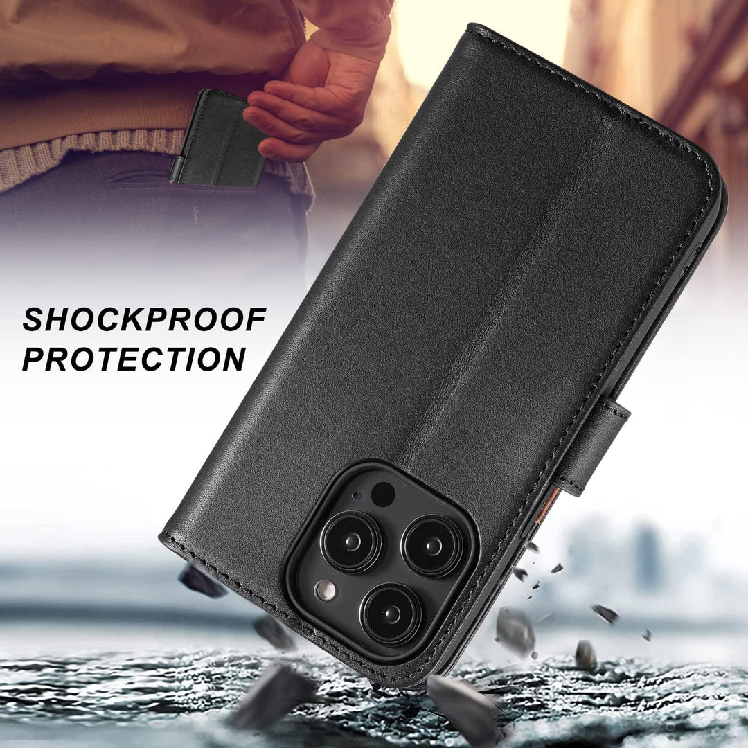 LENSUN Echtleder Hülle für iPhone 14 Pro, Handyhülle [Echtes Leder][Magnetverschluss][RFID Schutz] H