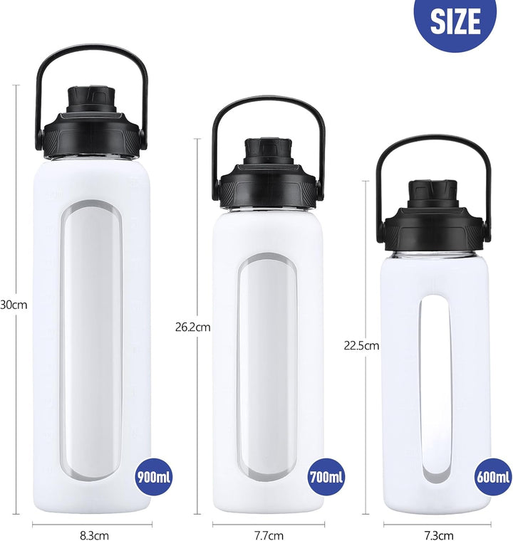 BLUEGO 600ml Glaswasserflasche mit Strohhalm und 2 Deckeln Kaffeetasse aus Glas mit Zeitmarkierung u