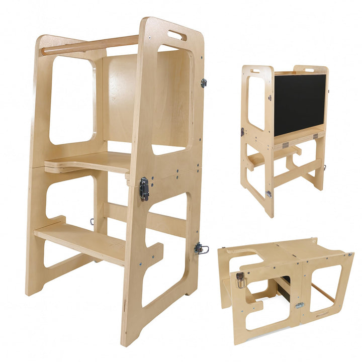 Lemodo 3in1 Lernturm aus Birkenholz Natur – Montessori Lernturm mit Maltafel, umbaubar zu Tisch &amp; St