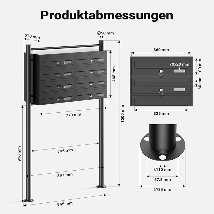 Wiltec 8er Briefkastenanlage schwarz 945 x 270 x 1500 mm, Standbriefkasten mit 2x4 Fächern, Schlüsse