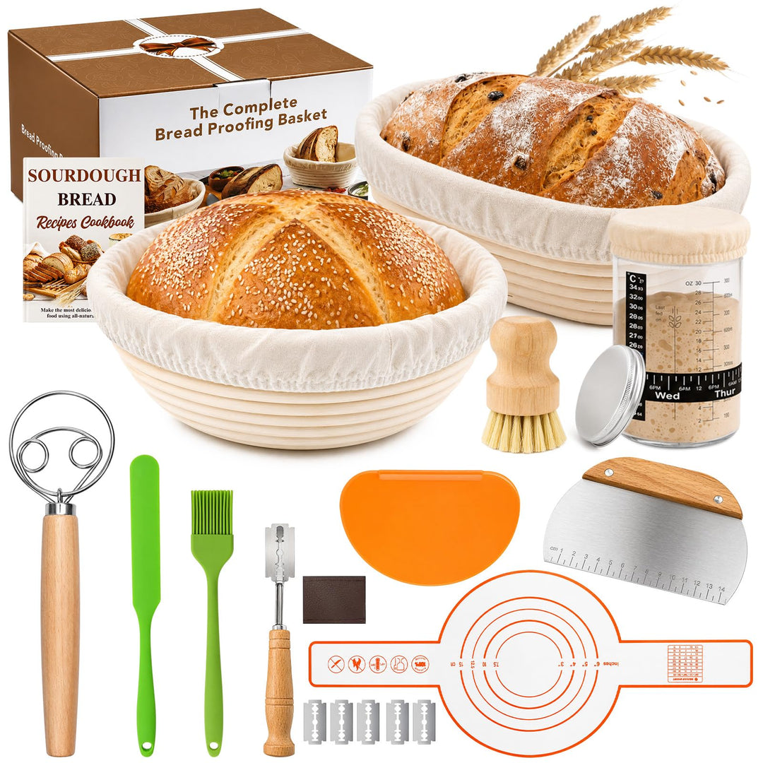 Sauerteig Starter Set, Gärkorb & Sauerteigglas, 21-teilig Gärkorb Brot Set | Brot Backen Zubehör für