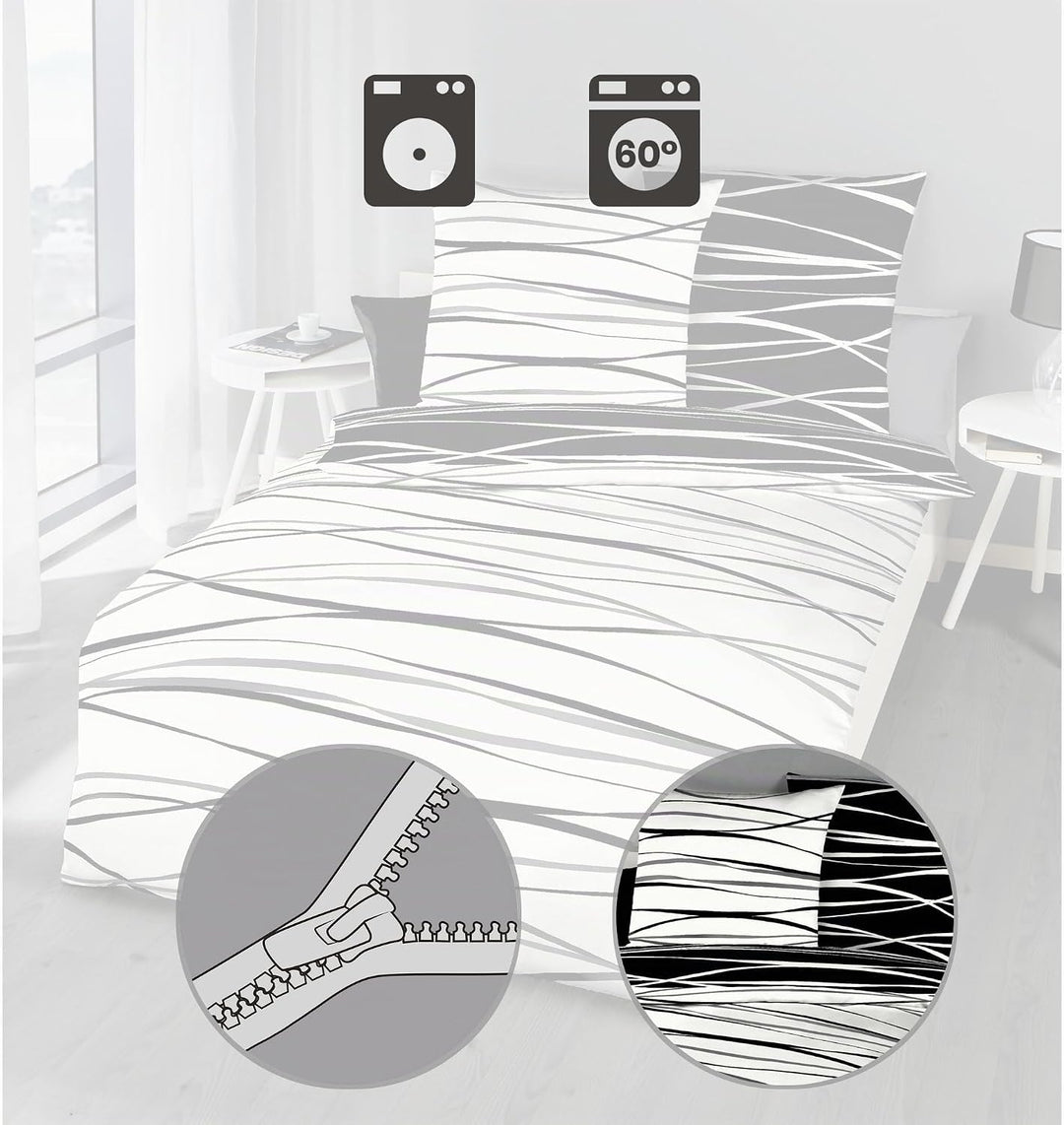 Kaeppel Wendebettwäsche Mako-Satin schwarz-weiss Grösse 135x200 cm (80x80 cm) 135x200 cm + 80x80 cm,