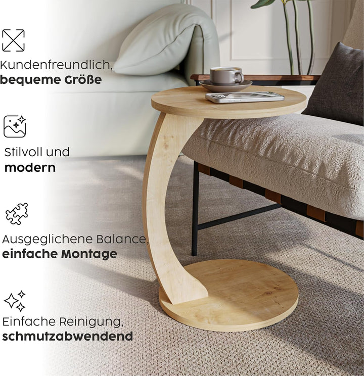 sugodesign Couchtisch mit Rollen, Kleiner Beistelltisch C Form, stylischer Sofatisch in schöner Eich