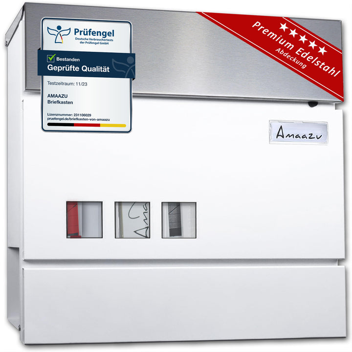 AMAAZU Briefkasten Weiss/Edelstahl [Waagerechte Sichtfenster] Postkasten mit Zeitungsfach Postbox gr