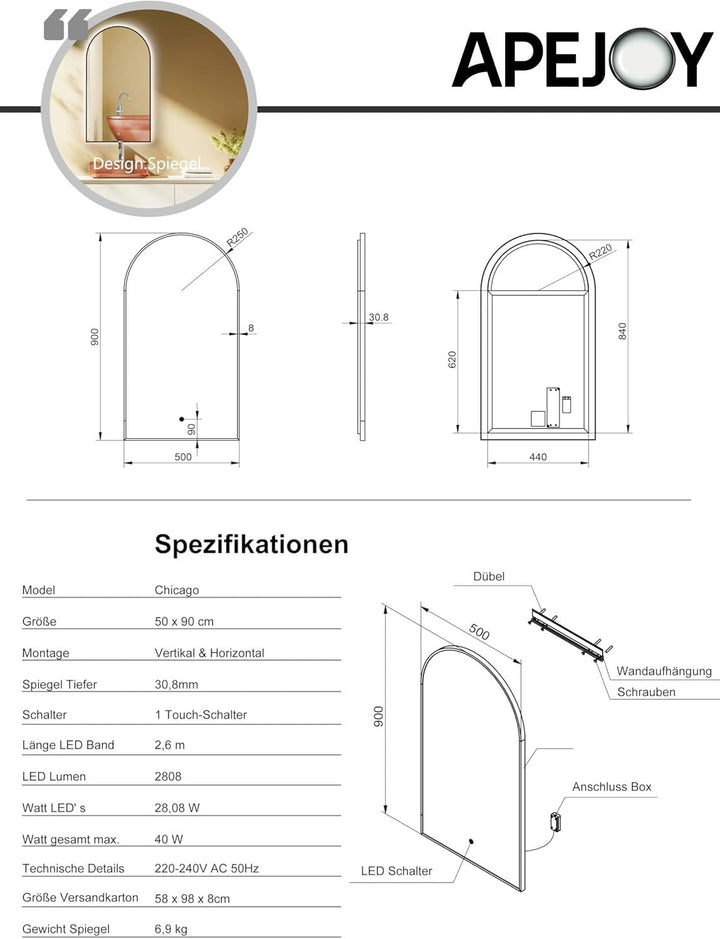 Gold Badspiegel Led Beleuchtung Arch 60x100/100x60cm, Wandspiegel mit Antibeschlag und mit Touch Sch