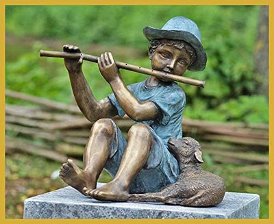 IDYL Bronze-Skulptur Flötenspieler mit Lamm | 38x43x36 cm | Kinderfigur aus Bronze handgefertigt | G