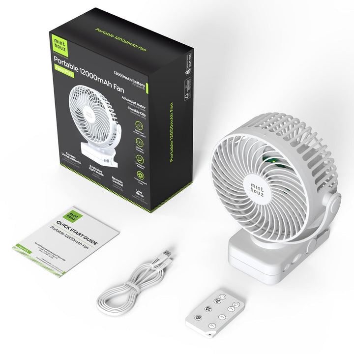 Minthouz USB Tischventilator leise mit 12000mAh Ventilator Akku – Tragbarer Clip-Ventilator mit Fern