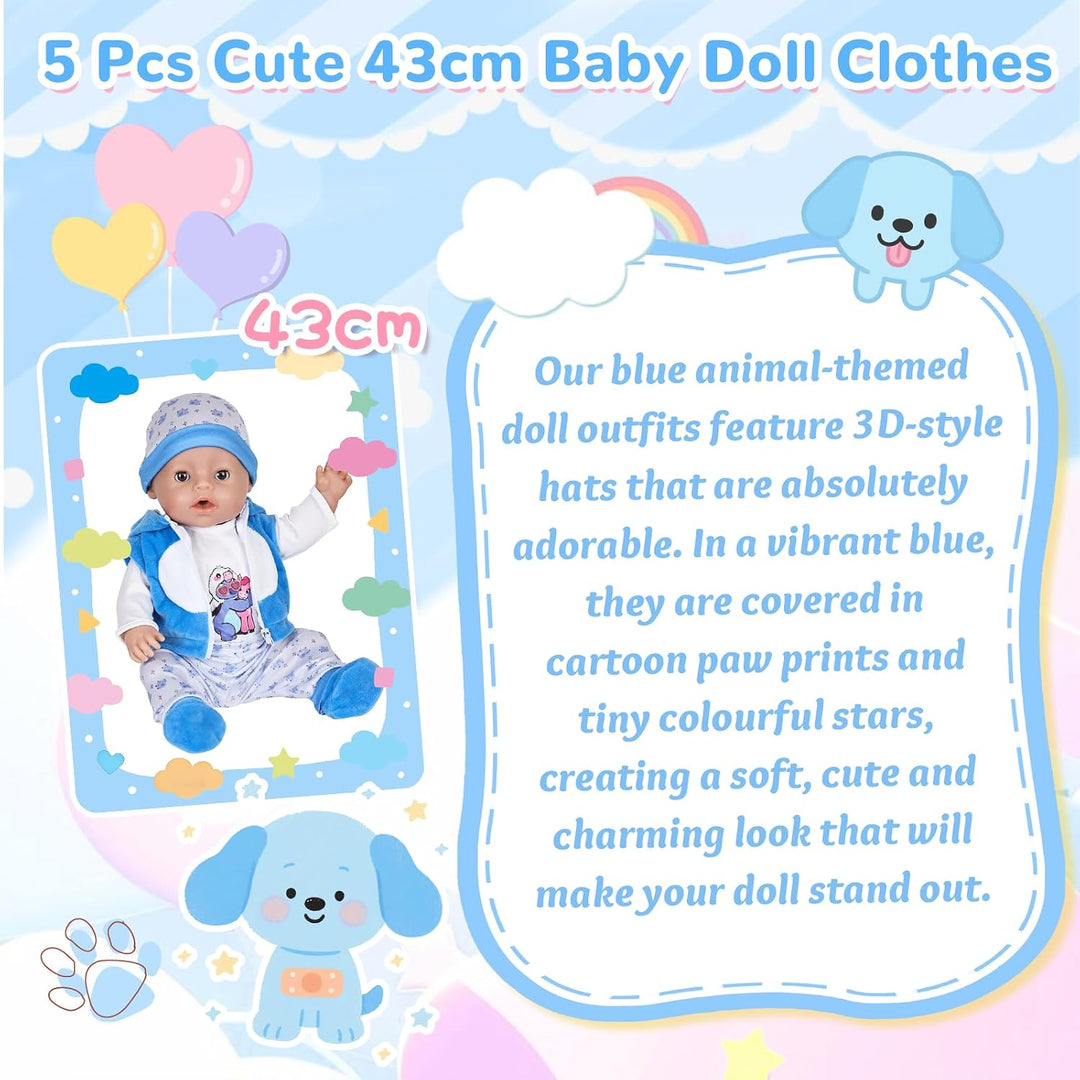 7 Stück Puppenkleidung, Blaue Kleidung Outfit für 35-43 cm Baby Puppen mit Jacke, Oberteil, Hose, Mü