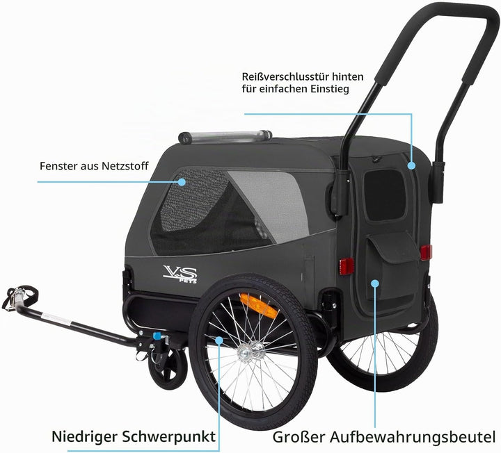 Tiggo VS Pets Medium Hundeanhänger &amp; Buggy 2in1 Fahrradanhänger Hundebuggy Jogger 80204 Grau, Grau