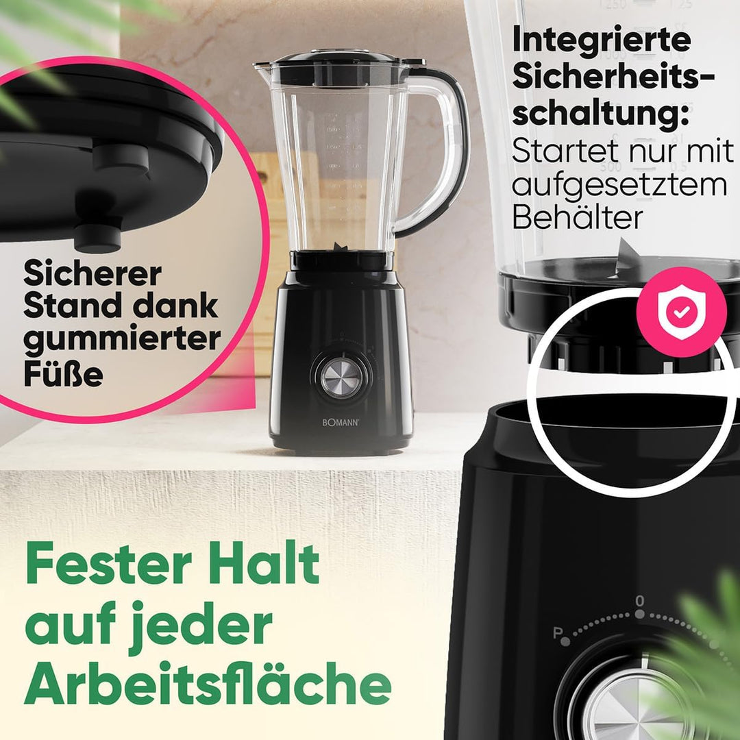 Bomann® Standmixer 500W | Mixer | BPA frei | 4-fach Edelstahl-Messer rostfrei | 1,5L Smoothie Maker