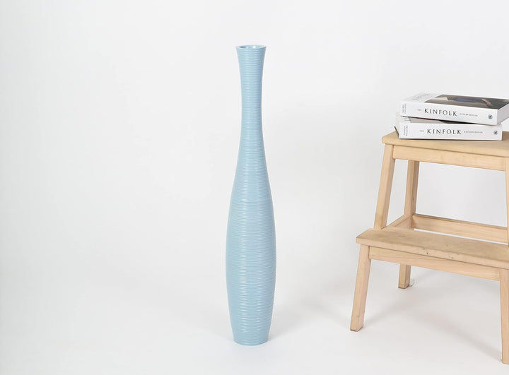 Leewadee Grosse Bodenvase für Dekozweige hohe Standvase Design Holzvase, Holz, 70 cm, Hellblau 70 cm