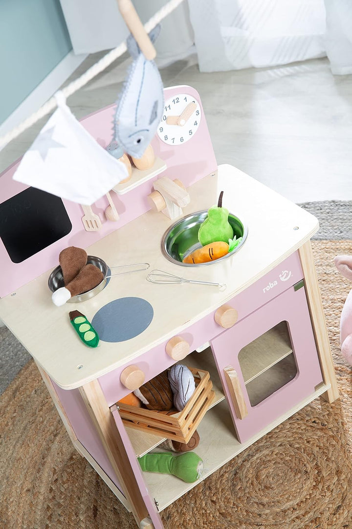 roba Spielküche, weiss, natur, mauve/rosa Spielzeug-Küchenzeile mit 2 Kochstellen, Spüle, Wasserhahn