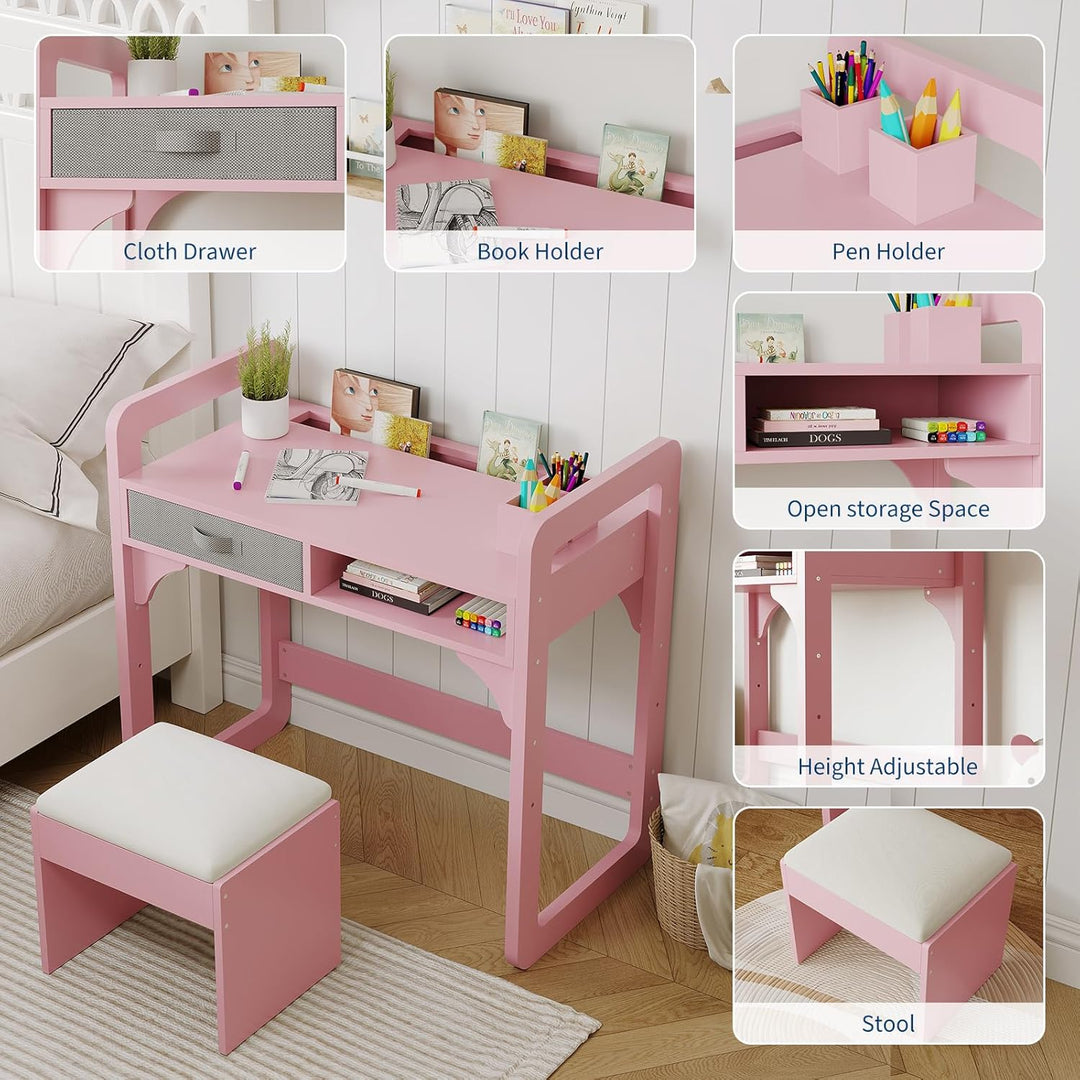 Kinderschreibtisch Mit Stuhl Set, Höhenverstellbarer Kindertisch Mit Stauraum, Ergonomischer MDF Hol