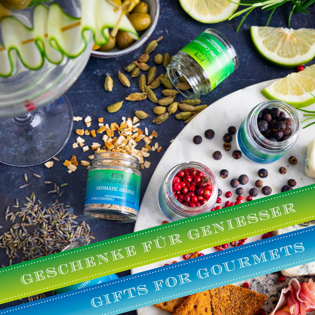 Hallingers Botanical Gin Pimper - Gewürz Geschenkset Gin handmade, 5 Gewürze als Gin-Botanicals (Set