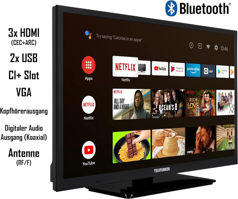 TELEFUNKEN XH24AN550MV 24 Zoll Fernseher/Android Smart TV (HD Ready, HDR, Triple-Tuner, 12 Volt, Blu