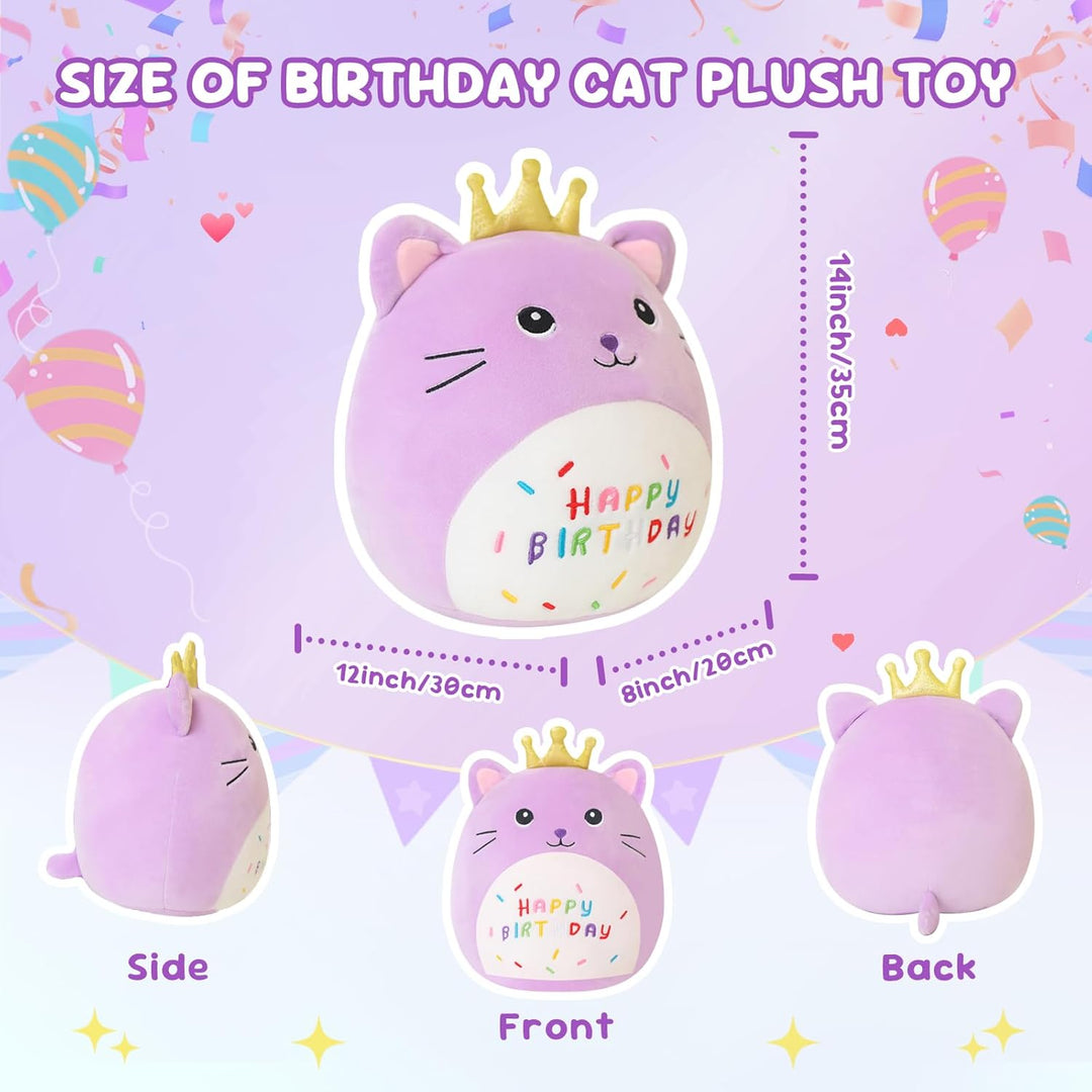 SQEQE Happy Birthday Stuffed Animal 10" Cat Soft Toys with Crown Cute Plush Pillow Cat Plush Toy for
