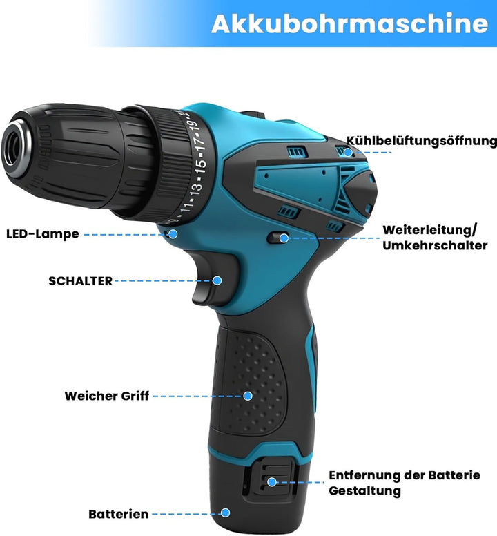 Akkuschrauber Set 12V, Kleiner Akkuschrauber 45Nm, Akku Bohrschrauber mit 2x3000mAh Akku, 25+1 Drehm