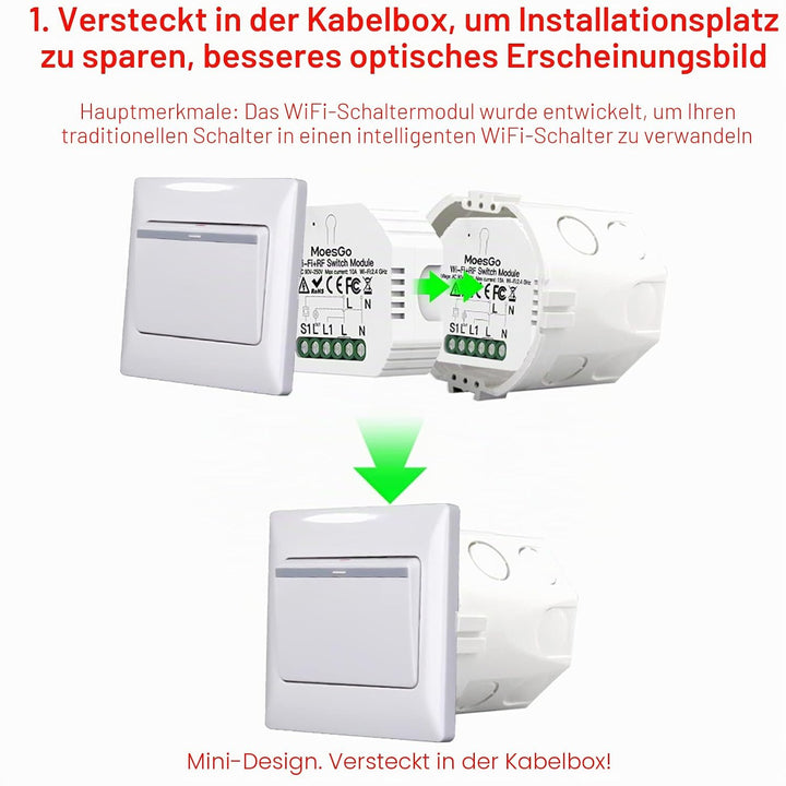 MoesGo Wlan 2.4GHz Smart Alexa Lichtschalter Unterputz Funk Relais, Wireless RF433 Light Switch Modu