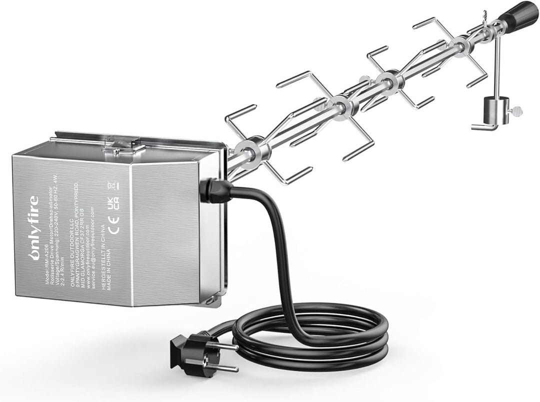 Onlyfire Universal Grillspiess Set, 120 cm inkl. 4X Fleischnadeln und Edelstahl Motor, 220V - 240V,