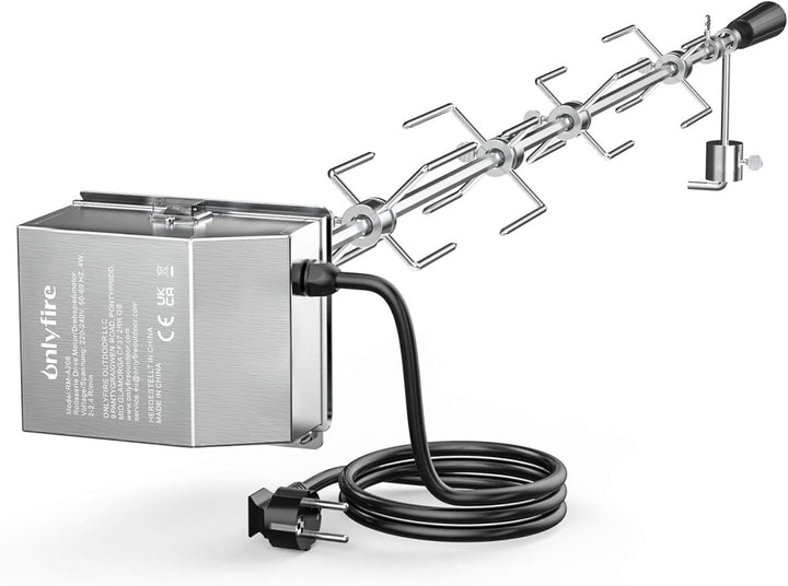 Onlyfire Universal Grillspiess Set, 120 cm inkl. 4X Fleischnadeln und Edelstahl Motor, 220V - 240V,