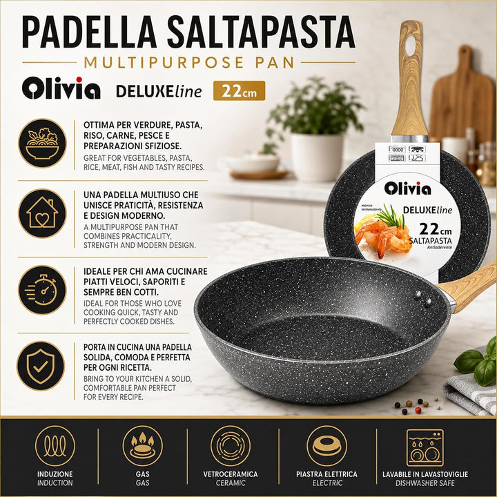 IPEA Antihaft-Pfanne für Nudeln und Frittieren – Induktion und Gasherd – 22 cm – Wok – Antihaft-Pfan