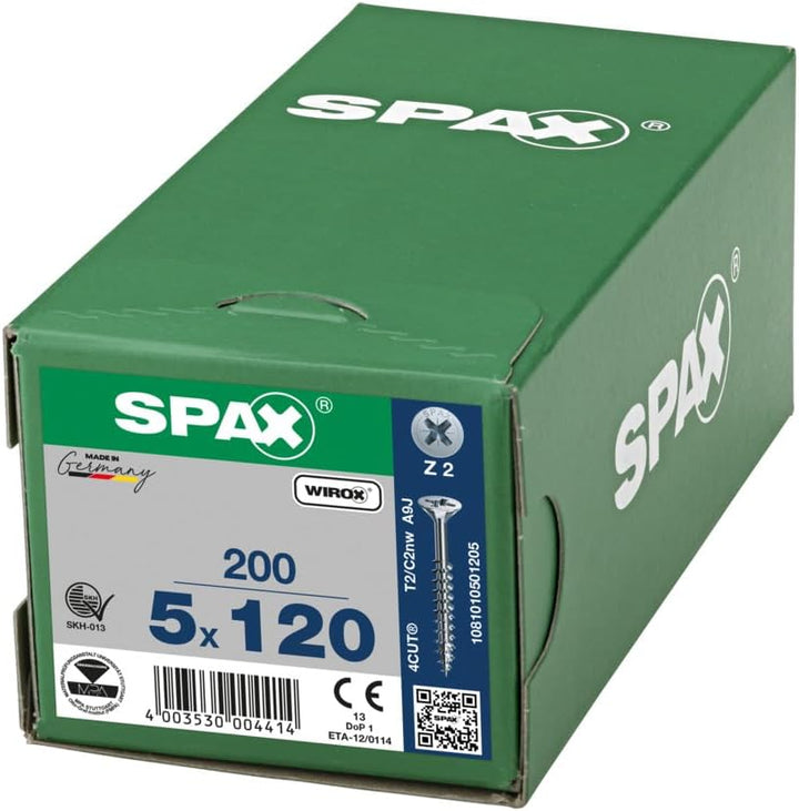 SPAX Universalschraube, 5,0 x 120 mm, 200 Stück, Kreuzschlitz Z2, Senkkopf, Vollgewinde, 4CUT, WIROX