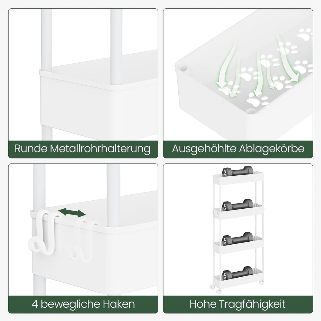 Servierwagen mit 4 Ebenen, Küchenwagen Nischenwagen Nischenregal mit Rollen, durchbrochendem Design,