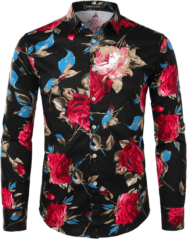 PARKLEES Herren Geblümt Langarm Sommer Freizeithemd Hawaiihemd Muster Langarmhemd S 101-schwarz, S 1