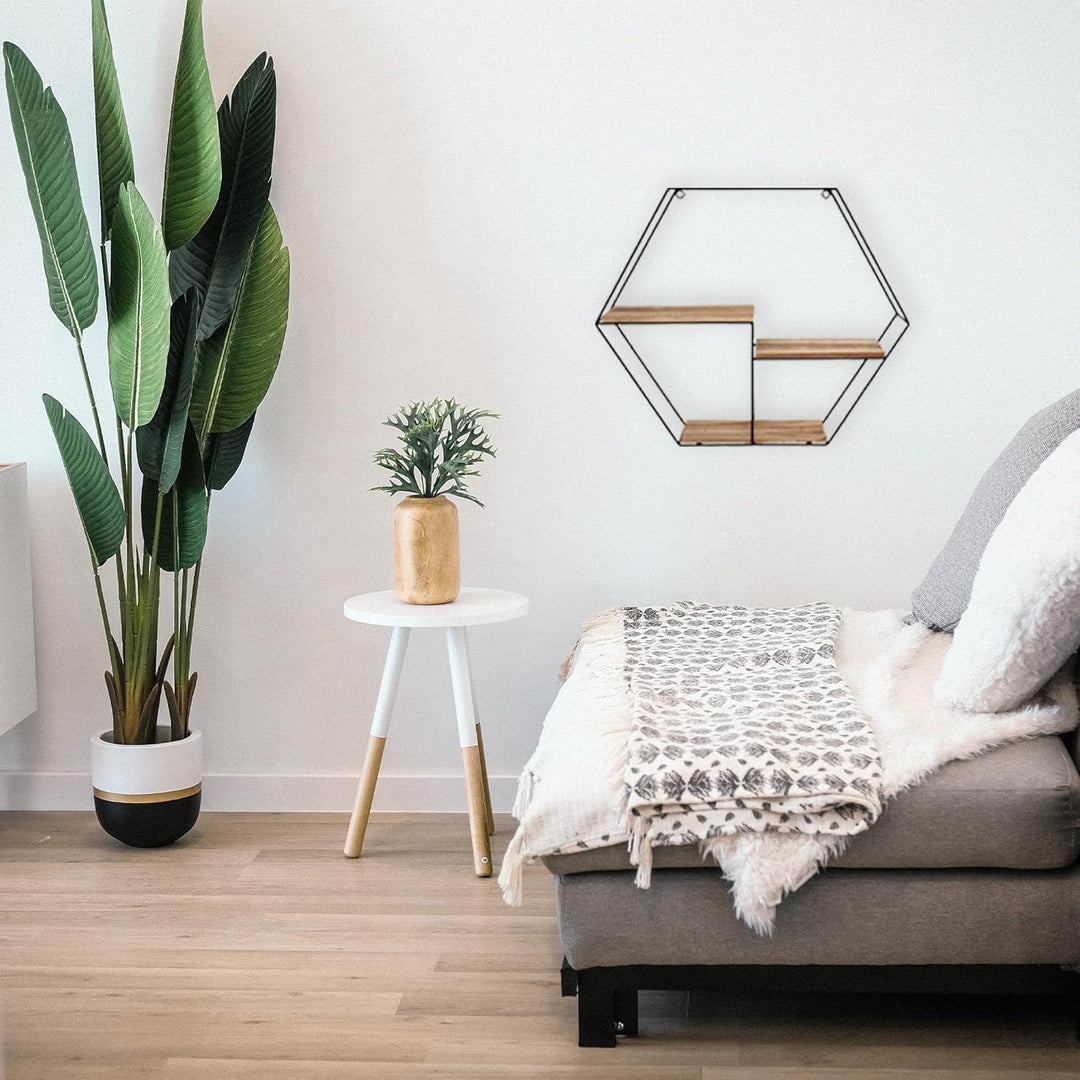 Vivol Metall Wandregal Schwarz mit 3 Holzböden - Sechseck - 48x55x10 cm - Hängend Metallregal - Wand
