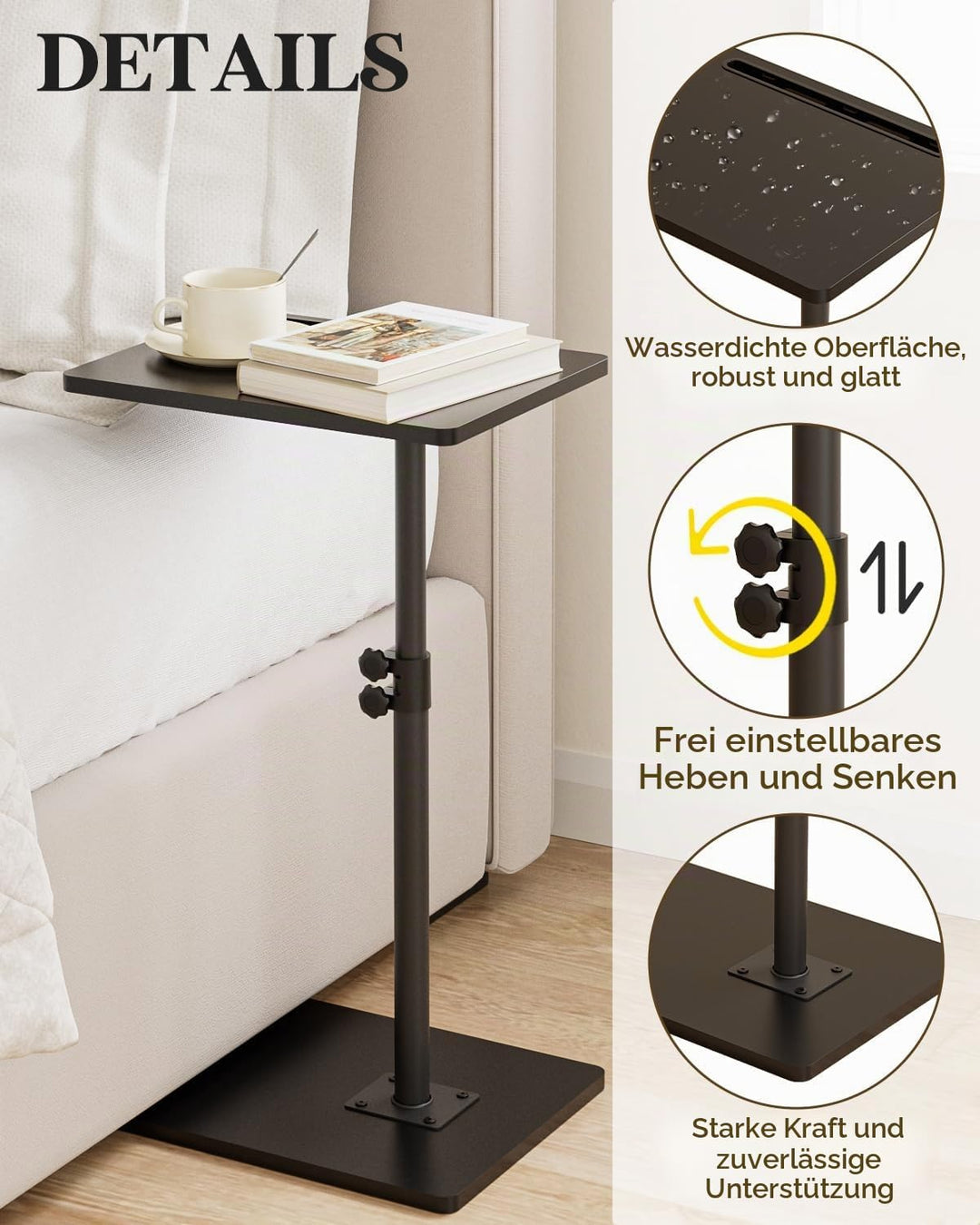 Beistelltisch C-Form, 360°Rotierend Couchtisch Klein, Höhenverstellbar Sofatisch,40x30x(45-81) cm,Ho