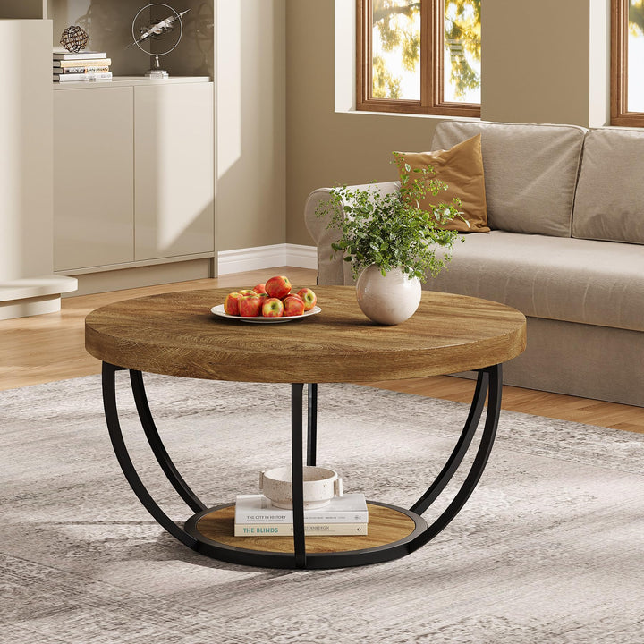 Tribesigns Runde Couchtisch, Industrial 2-Tier-Kreis Couchtisch mit Lagerung Regale, Moderne hölzern