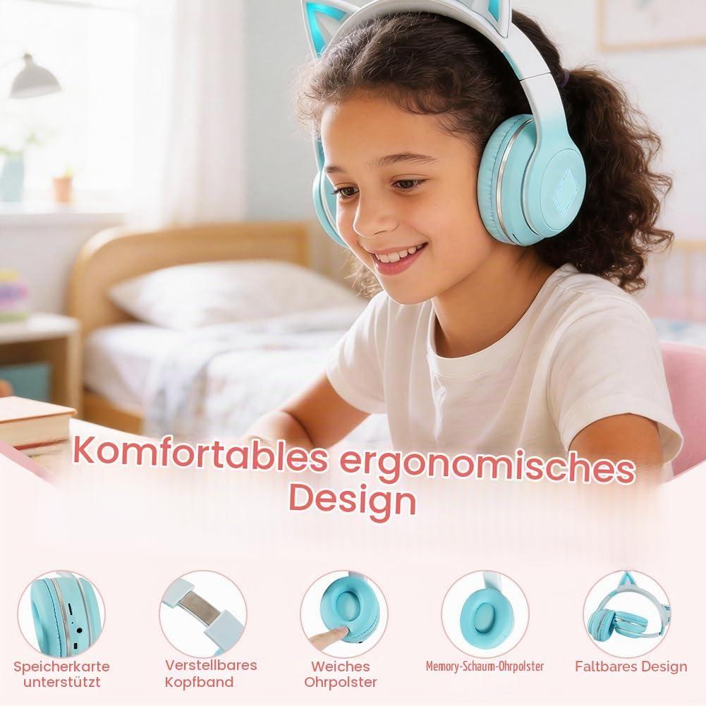Kinder Bluetooth Kopfhörer, Katzenohr LED Lichter, Bluetooth 5.3 Stereo, Verstellbares Kopfband, 85d