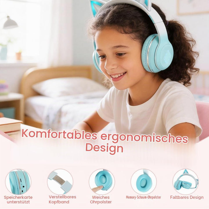 Kinder Bluetooth Kopfhörer, Katzenohr LED Lichter, Bluetooth 5.3 Stereo, Verstellbares Kopfband, 85d