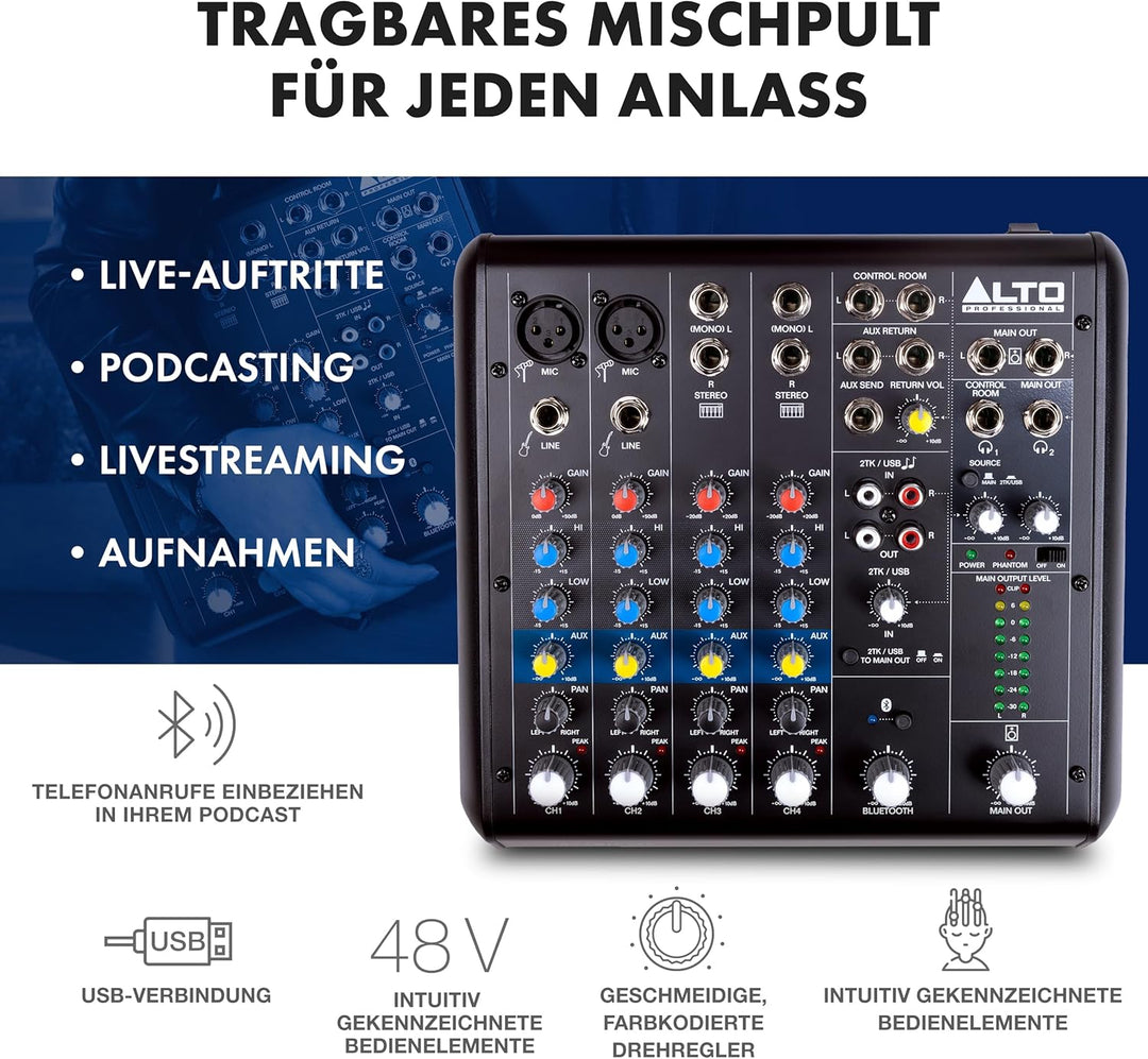 Alto TrueMix 600 Audio Mixer mit 2 XLR-Mikrofoneingängen, USB Audio Interface und Bluetooth für Podc
