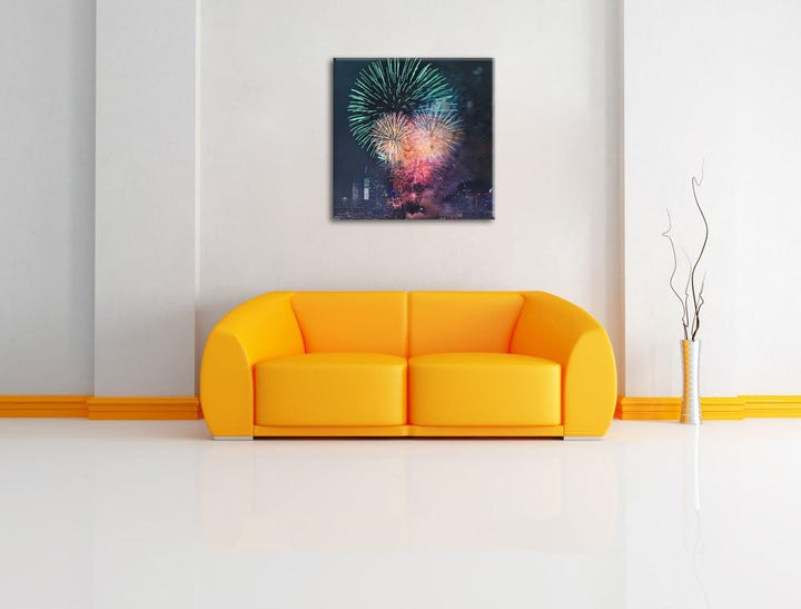 Boot auf See Feuerwerk, Format: 70x70 auf Leinwand, XXL riesige Bilder fertig gerahmt mit Keilrahmen
