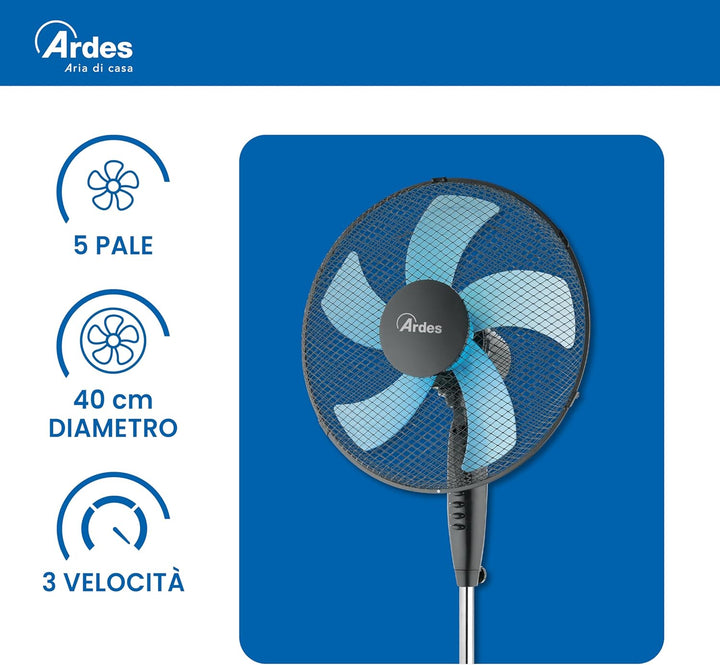 Ardes - AR5ST40PN Standventilator STEELO 40N 5 Flügel - Bodenventilator 40 cm Oszillierend mit verst