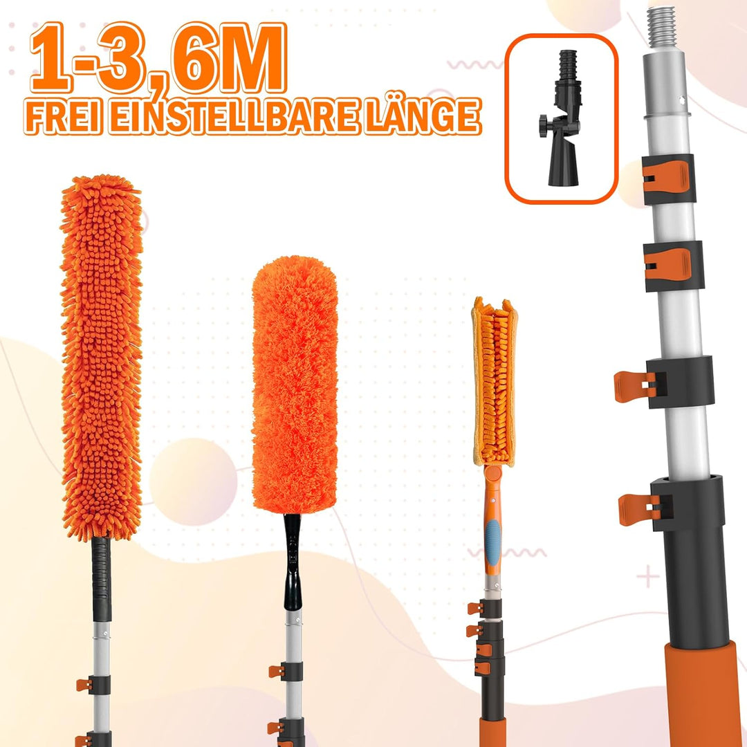 LAANPOLE 3,6M Staubwedel Teleskop Waschbar, Spinnwebenbesen mit Teleskopstiel, Staubwedel lang mit a