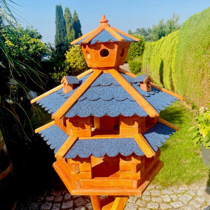 DARLUX Vogelvilla wetterfest von L bis XXL Futterhaus Vogelhaus mit oder ohne Ständer in Braun mit R