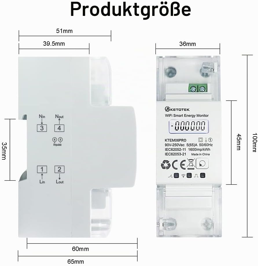 KETOTEK Smart Stromzähler Hutschiene 1 Phasig Bidirektional, Digital Energiezähler WLAN 5(65) A 90-2