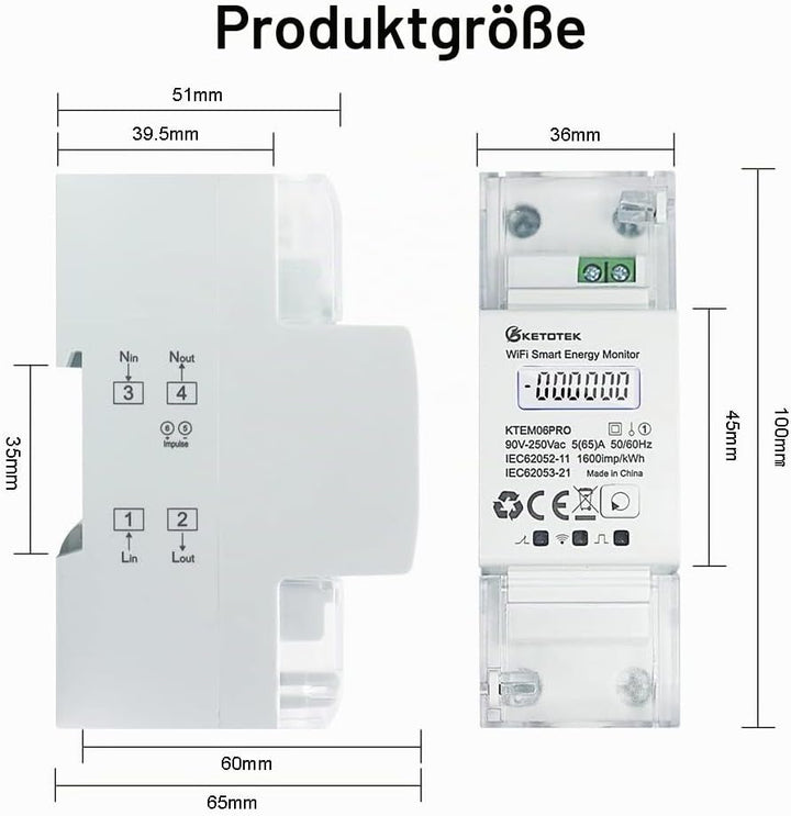 KETOTEK Smart Stromzähler Hutschiene 1 Phasig Bidirektional, Digital Energiezähler WLAN 5(65) A 90-2