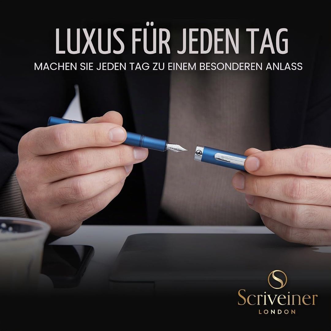 Scriveiner Luxus EDC Füllfederhalter (Mittel), Mattblau Taschenfüller, verchromt, deutsche Schmidt M