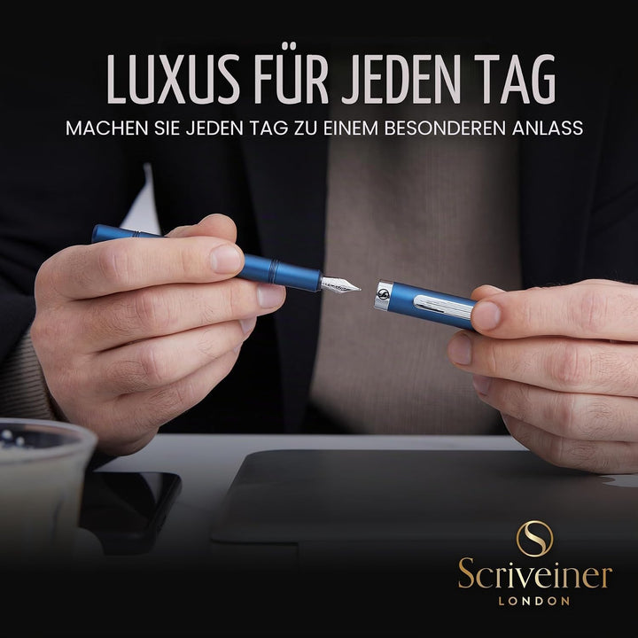 Scriveiner Luxus EDC Füllfederhalter (Mittel), Mattblau Taschenfüller, verchromt, deutsche Schmidt M