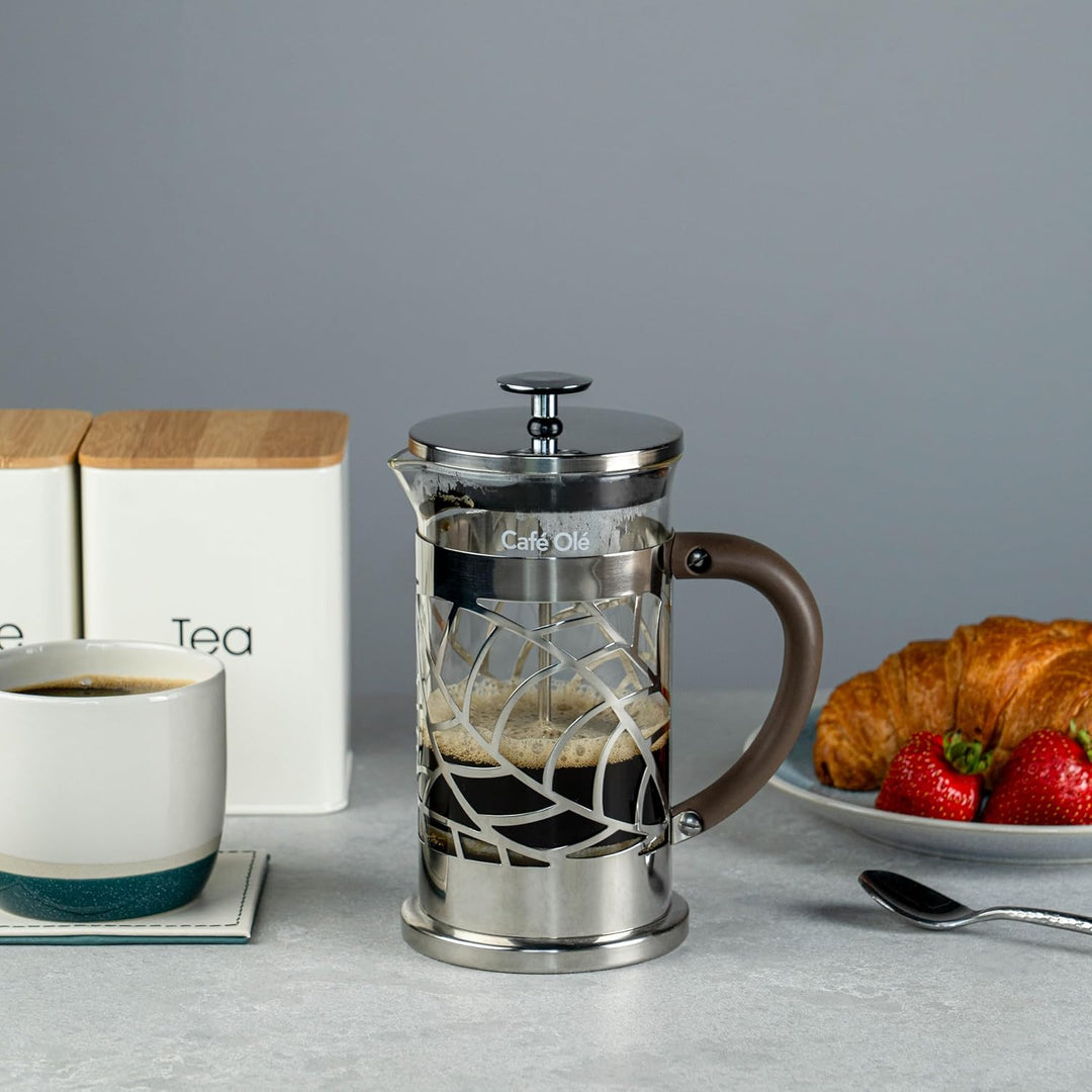 Grunwerg Café Olé Floral Durchsichtiger Kaffeebereiter Kaffeepresse aus Edelstahl 18/10 und Glas 600