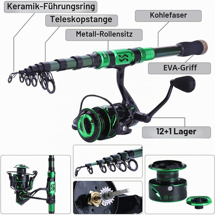 Sougayilang Angelrute und Rolle Combos, Kohlefaser Teleskop Angelrute 12 +1 BB Spinning Reel mit Tra