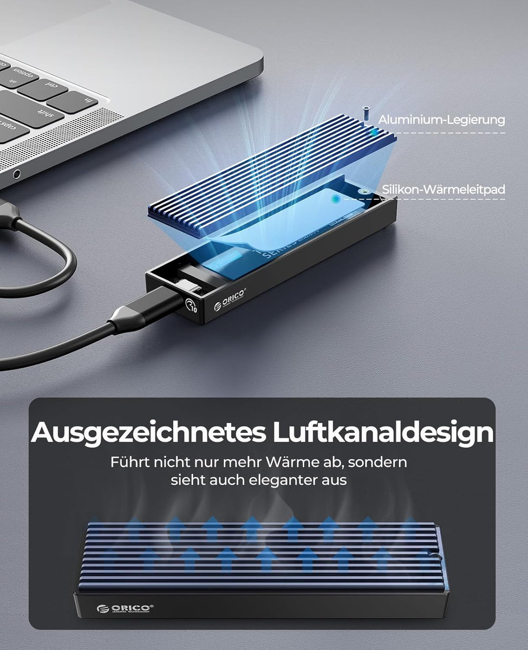 ORICO M.2 NVMe SSD Gehäuse USB-C Adapter 10Gbps USB3.2/ USB3.1 Gen2 für PCIe NVMe M-Key/M+B Key SSD,