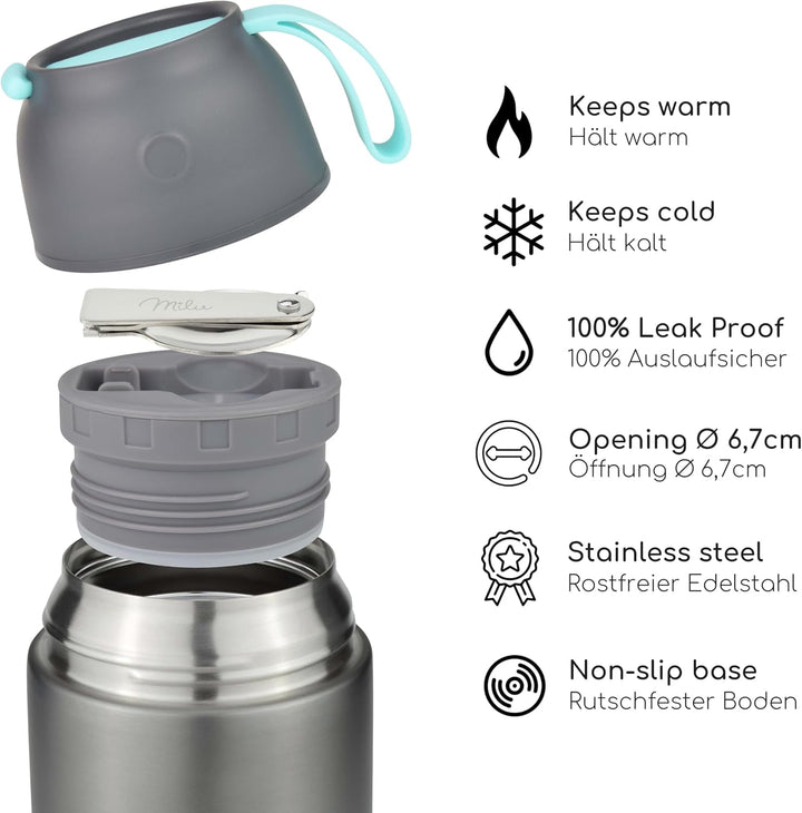 Milu® Thermobehälter 450, 650ml, 800ml | Edelstahl Warmhaltebehälter | Essensbehälter | Speisegefäss